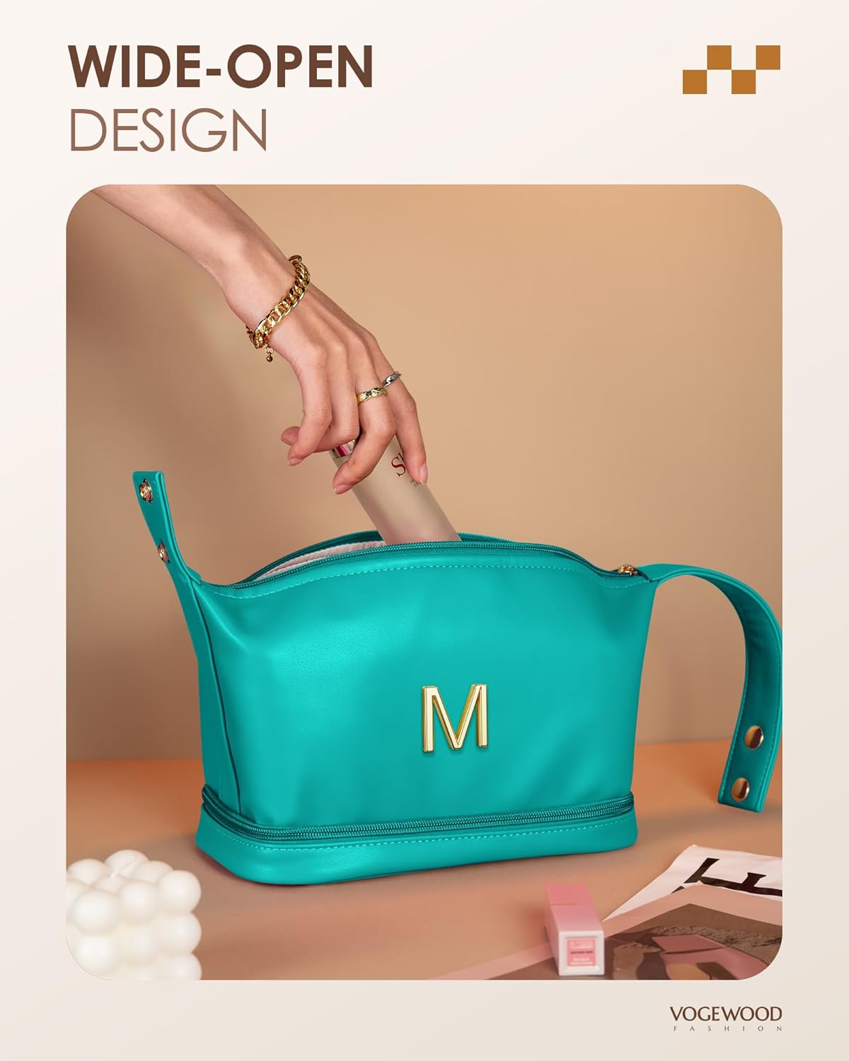 Gift for Her Birthday, Personalized Makeup Bag with Handle, Initial Double Layer Cosmetic Bag with Makeup Brush Organizer, Cute Cosmetic Pouch for Women, Gifts for Friend Female Mom