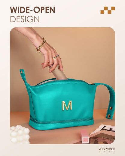 Gift for Her Birthday, Personalized Makeup Bag with Handle, Initial Double Layer Cosmetic Bag with Makeup Brush Organizer, Cute Cosmetic Pouch for Women, Gifts for Friend Female Mom