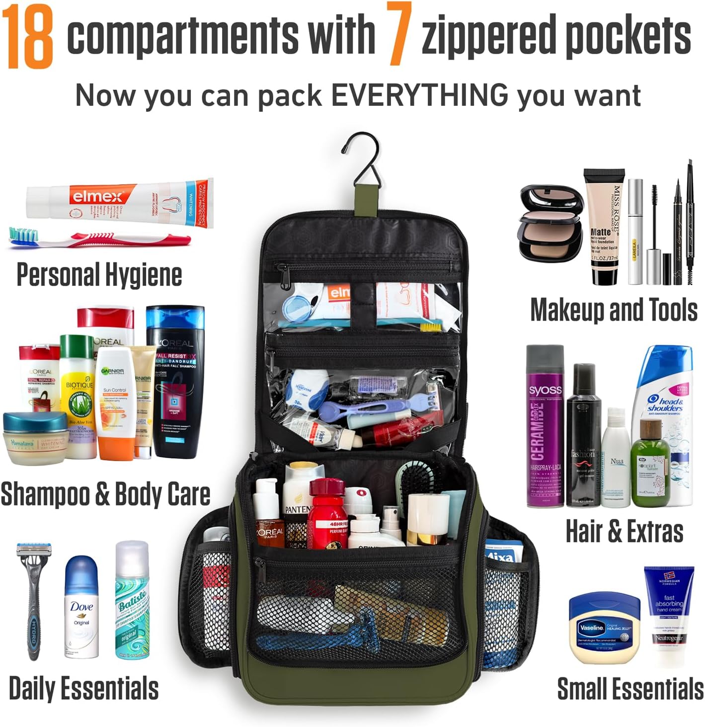 VENTURE 4TH Hanging Travel Toiletry Bag for Women & Men - Travel Organizer with Expandable Compartments & Removable Clear Pouch for Toiletries (Dark Green)