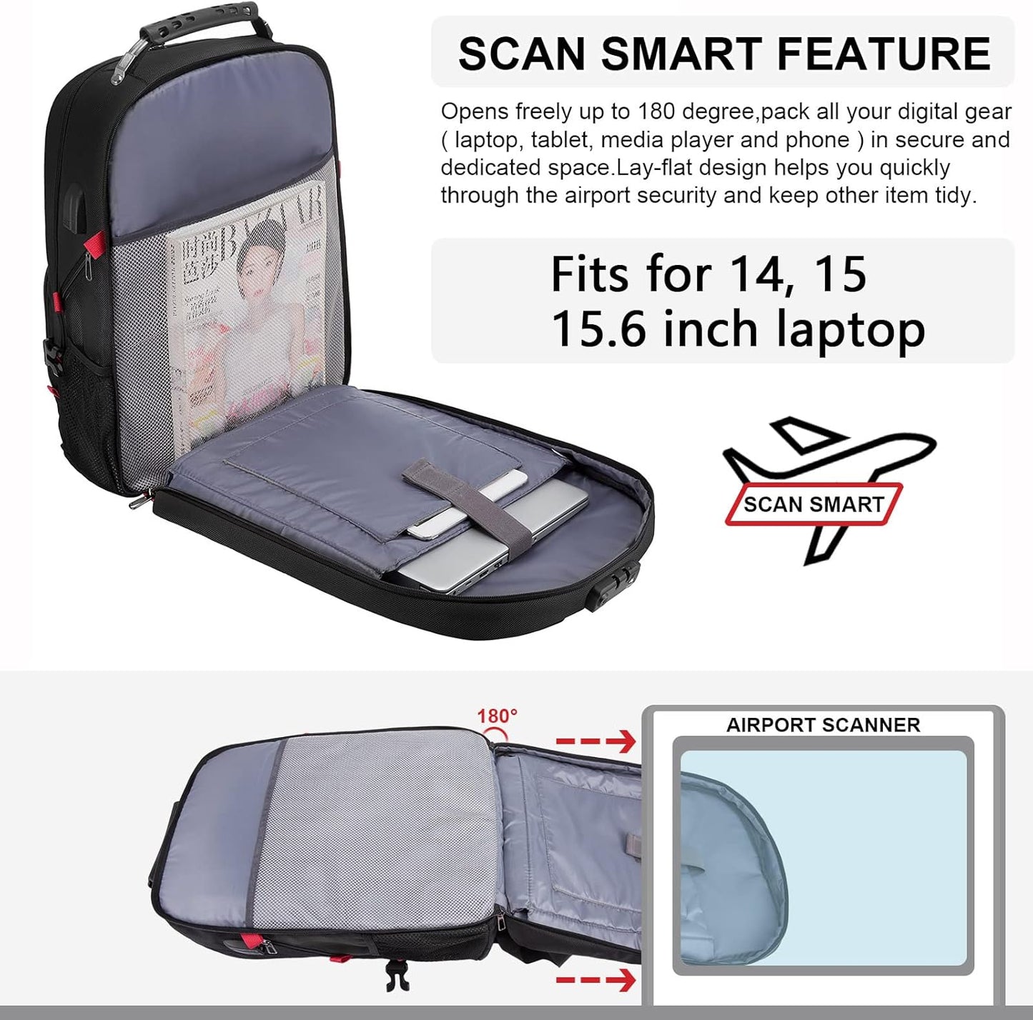 LOVEVOOK Travel Laptop Backpack Waterproof Anti Theft with Lock and USB Charging Port Large Computer Business Backpack for Men Women College (15.6 inch, Black)