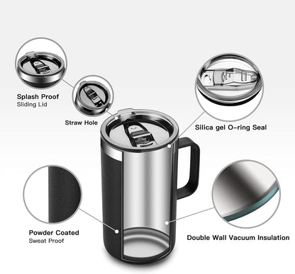 KXIAOCHEN 20oz Insulated Coffee Mug with Lid, Stainless Steel Coffee Cup, Double Wall Vacuum Coffee Tumbler with Handle, Premium Thermal Travel Coffee Mug (Navy Blue Black 2Pack)