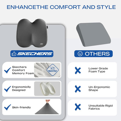 Skechers Memory Foam Seat Cushion,Ribbed Fabric Office Chair Cushion for Tailbone Pain Relief,Butt Pillow for Office Chair,Car Seat Cushion,Long Sitting Office Workers,and Car Drivers,Gray