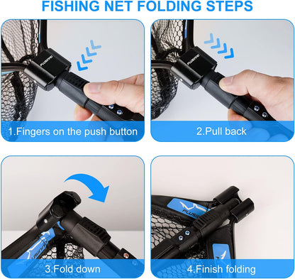 PLUSINNO Floating Fishing Net for Steelhead, Salmon, Fly, Kayak, Bass, Trout Fishing, Catfish, Rubber Coated Landing Net for Easy Catch & Release for Easy Transportation & Storage