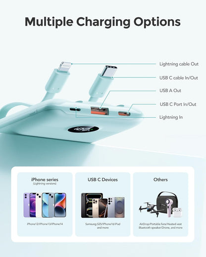 Mini Portable Charger with Built-in Cables 22.5W Fast Charging Power Bank USB-C Small Battery Pack 10000mAh Travel Essential Slim Battery for iPhone 16/15/14, Samsung 25/24, and More