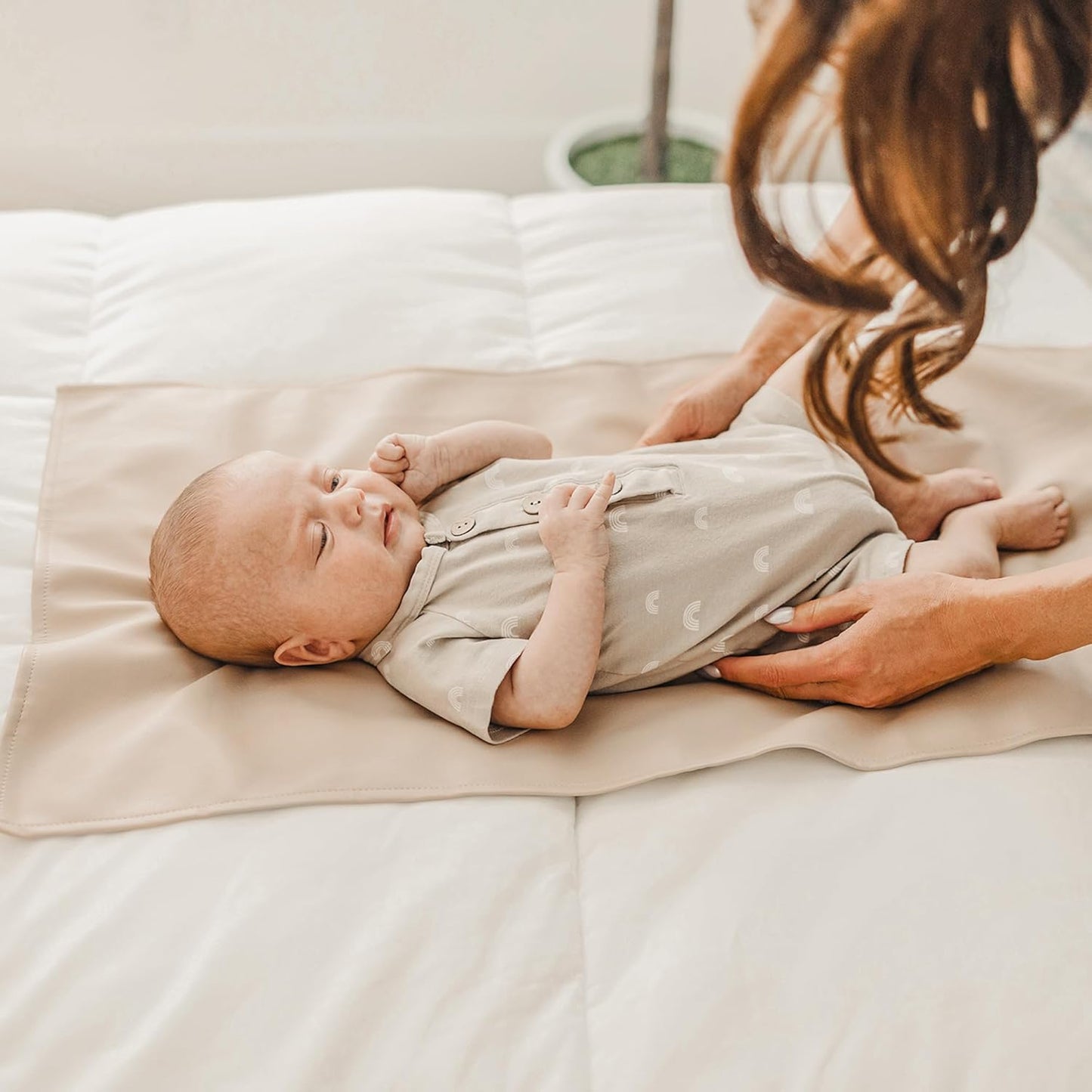 Konssy Faux Leather Baby Changing Mat, Waterproof, Wipeable & Portable Diaper Changing Pad for Travel or Home, Fits Perfectly in Diaper Bag, 30 x 17 inches (Blue,Beige)