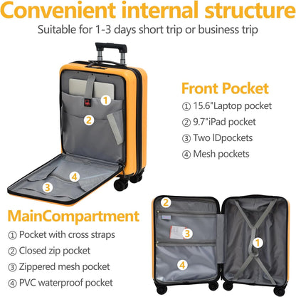 TydeCkare 2pcs 20/28" Luggage Set Lightweight HardShell, Only 20 Inch Carry On 21.65 * 15.35 * 7.87" Cabin Suitcase with Front Pocket, 28 Inch 19.68 * 11.81 * 29.92" Checked Luggage, Orange