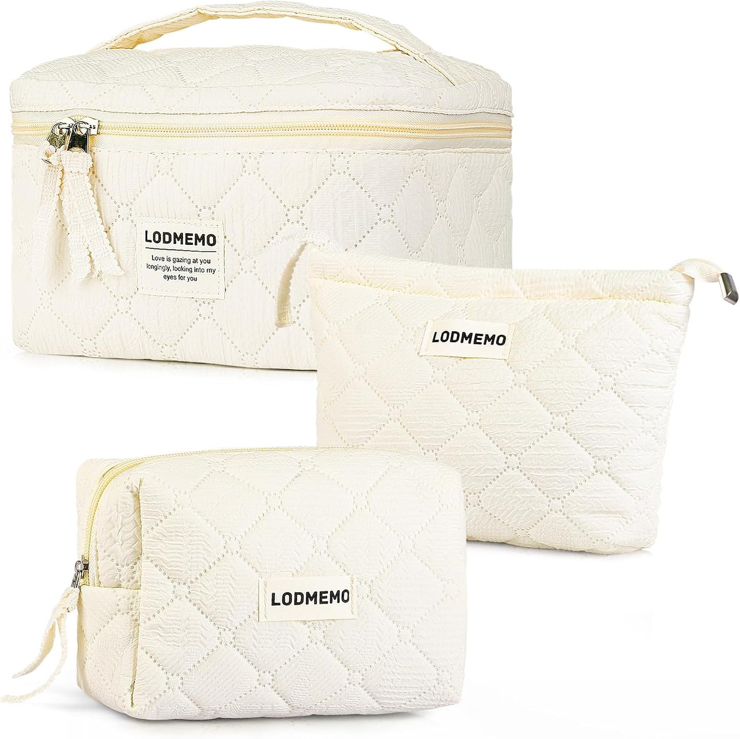Makeup Bag 3 PCS Cosmetic Bags for Women, Large Travel Make up Bag Set Cute Cotton Toiletry Bag Organizer Pouch for Purse, Beige