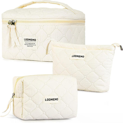 Makeup Bag 3 PCS Cosmetic Bags for Women, Large Travel Make up Bag Set Cute Cotton Toiletry Bag Organizer Pouch for Purse, Beige