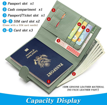 Passport Holder for Travel Women RFID Blocking Genuine Leather Passport Wallet with Card Slots, Zipper Coins Pocket, Cash Holder, Green