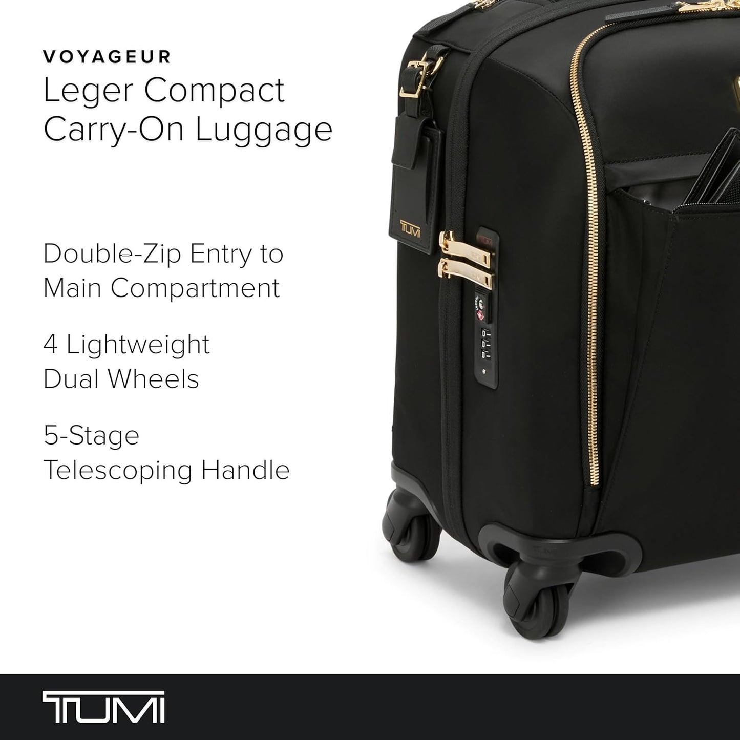 TUMI - Voyageur Leger 4 Wheeled Luggage - Women's Lightweight and Spacious, Sleek Silhouette, Durable Premium Suitcase - 16" Compact Carry-On, Black with Gold Hardware