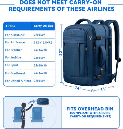 60L Big Capacity Carry On Laptop Backpack Large Travel Backpack for Men, Expandable Water Resistant Overnight Weekender Luggage Gym Daypack Rucksack Traveling Backpack, Traveler Gifts, Blue