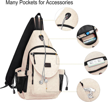 MOSISO Sling Backpack,Canvas Crossbody Hiking Daypack Bag with Anti-theft Pocket, Beige