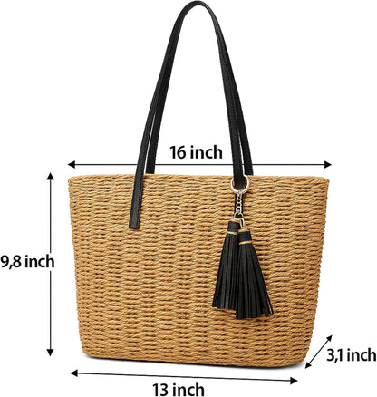 YXILEE Straw Bags For Women | M Size Travel Straw Totes Bag Woven Summer Handmade Shoulder Bag Handbag