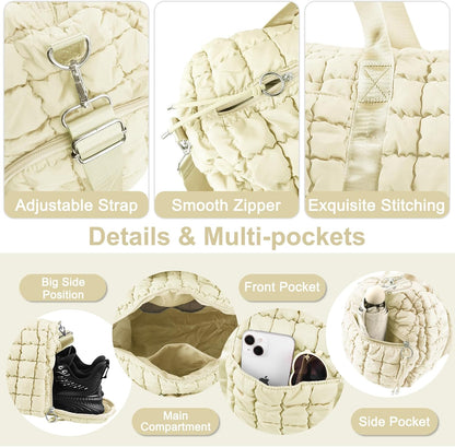 Quilted Travel Duffle Bag Gym Bag for Women,Large Puffer Duffle Weekender Bag with Compartment,Workout Overnight Carry on Organizer Bag Duffle Bag for Airplane Travel(Off-white)