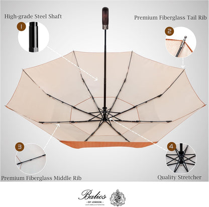 Balios Travel Folding Umbrella with Real Wood Handle Auto Open Close Vented Windproof Canopy - Designed in UK