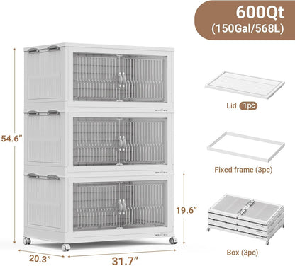 BROVIEW 600Qt Extra Large Stackable Storage Bins with Lid, Closet Organizer Collapsible Drawer Boxes with Wheels, Folding Plastic Cabinet Containers for Home Kitchen Room Organization, 3Pack White