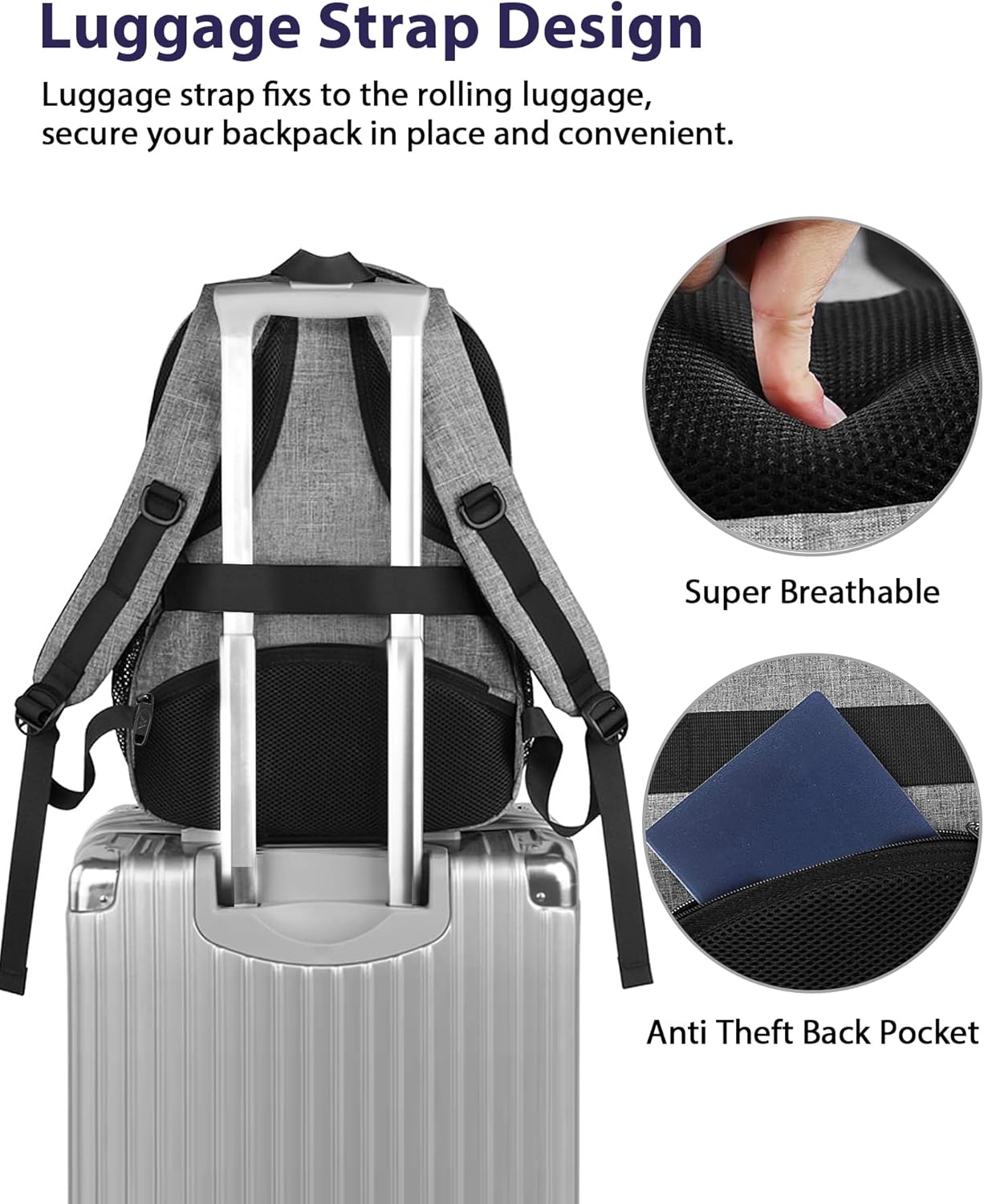 MATEIN 17 Inch Work Backpack for Men Women, Water Resistant Practical Travel Laptop Backpack with Trolley Sleeve, Casual College Daypack Laptop Compartment TSA Friendly, Grey Black