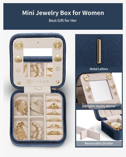 Vlando Valentines Day Gifts for Her, Travel Jewelry Organizer, Necklace Ring Organizer, Jewelry Travel Essentials Travel Gifts for Girlfriend Wife - Letter I, Dark Blue