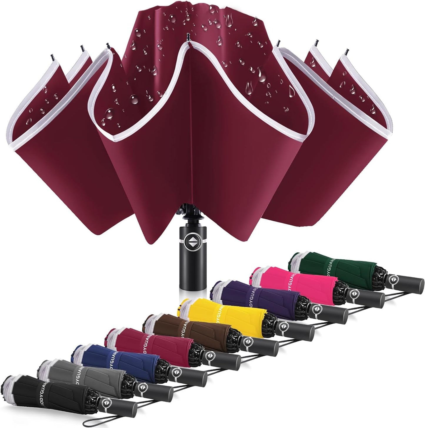 Bodyguard Inverted Umbrella - Large Windproof for Rain & Sun, Compact Reverse With Reflective Stripe, Teflon-Coated for Women Men, Travel Folding With Cover Bag