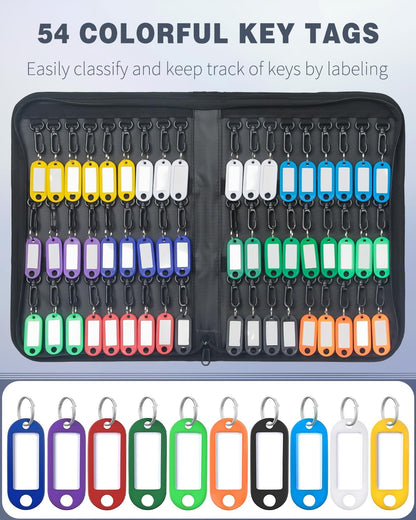 Uniclife Portable Zippered Key Case Waterproof and Fireproof Key Organizer with 54 Colorful Key Tags and Hooks Key Storage Book for Offices Real Estate Agencies Hotels and Rental Management