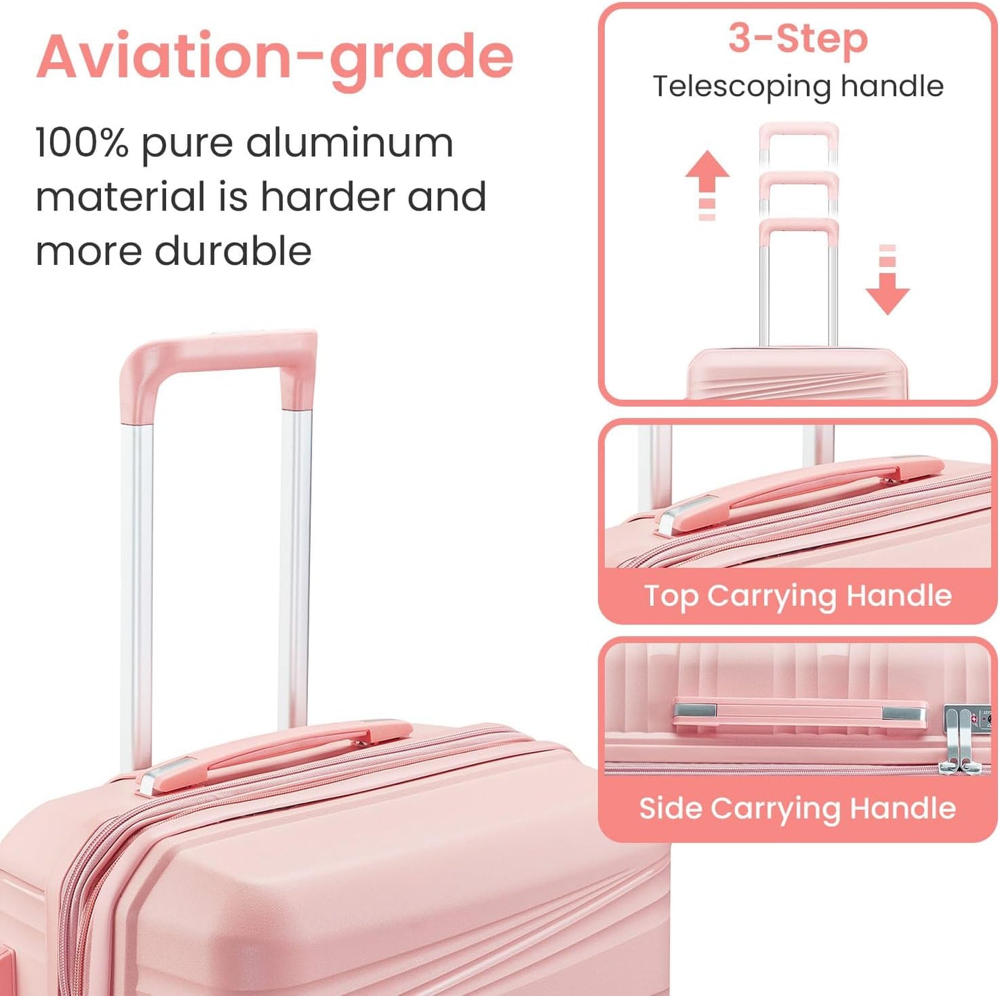 Campfun Luggage 4 Piece Sets, Expandable Carry On Luggage Set Hardshell PP, Suitcase Set with Double Spinner Wheels, Checked Durable Lightweight with TSA Lock, 14in 20in 24in 28in-Pink(C)