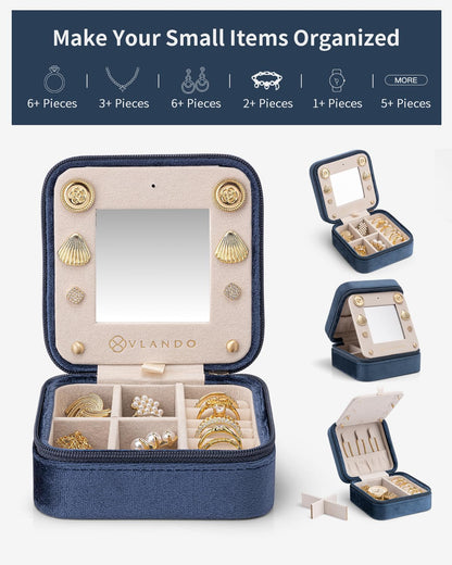 Vlando Velvet Jewelry Case, Travel Box for Women, Portable Organizer With Mirror - Small, Dark Blue
