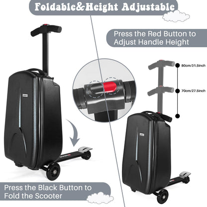 MRPLUM 20" Ride-On Suitcase with Detachable Scooter for Kids,Foldable Hardshell Carry-On Luggage for Toddlers Ages 4-15 with Adjustable Handle,Easy Steering&Brake(Airplane Approved)