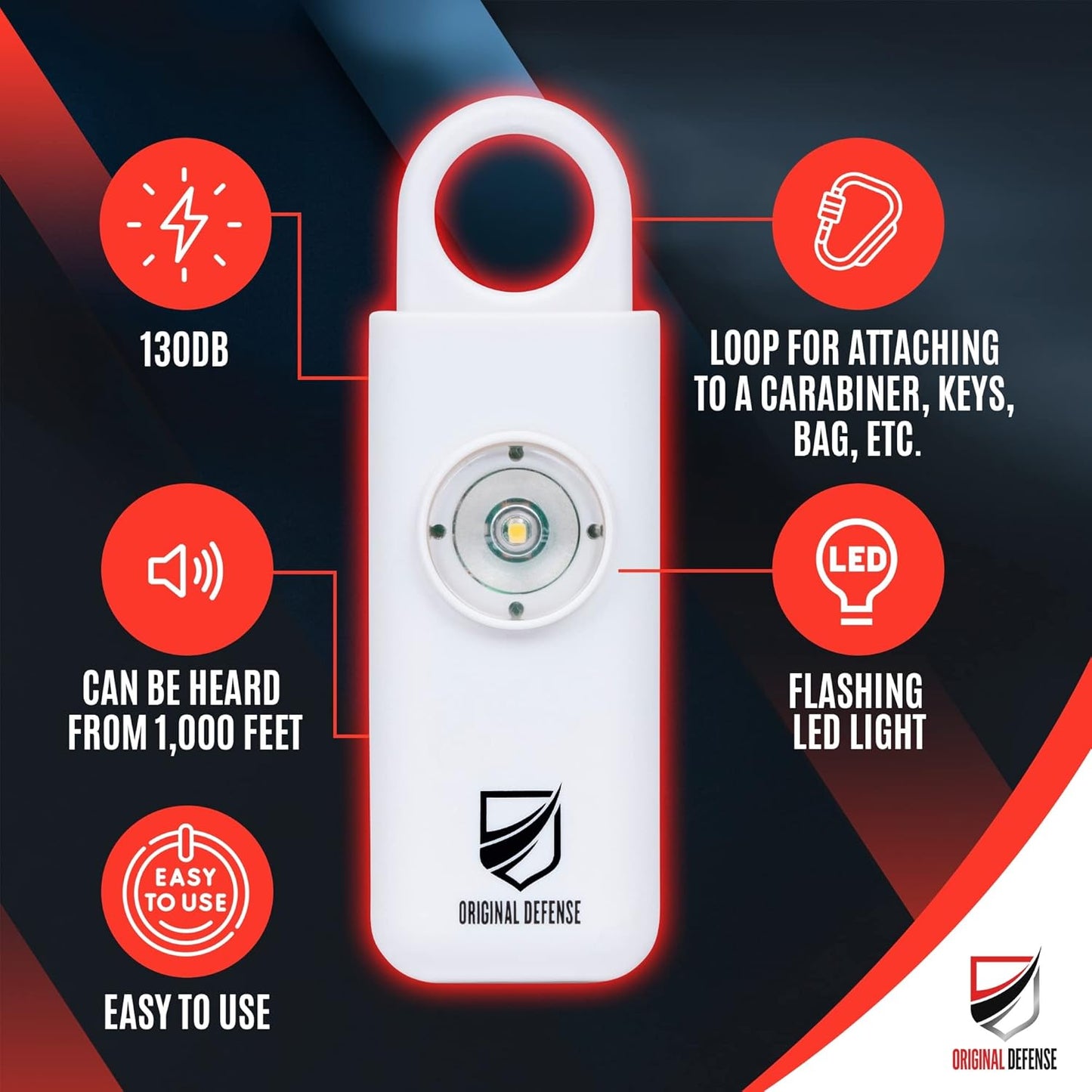 Original Defense® Siren Self-Defense Alarm (White) - 130 dB Keychain Alarm with LED Strobe Light for Women, Children, and Elderly - Police Recommended
