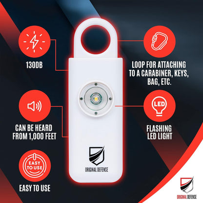 Original Defense® Siren Self-Defense Alarm (White) - 130 dB Keychain Alarm with LED Strobe Light for Women, Children, and Elderly - Police Recommended