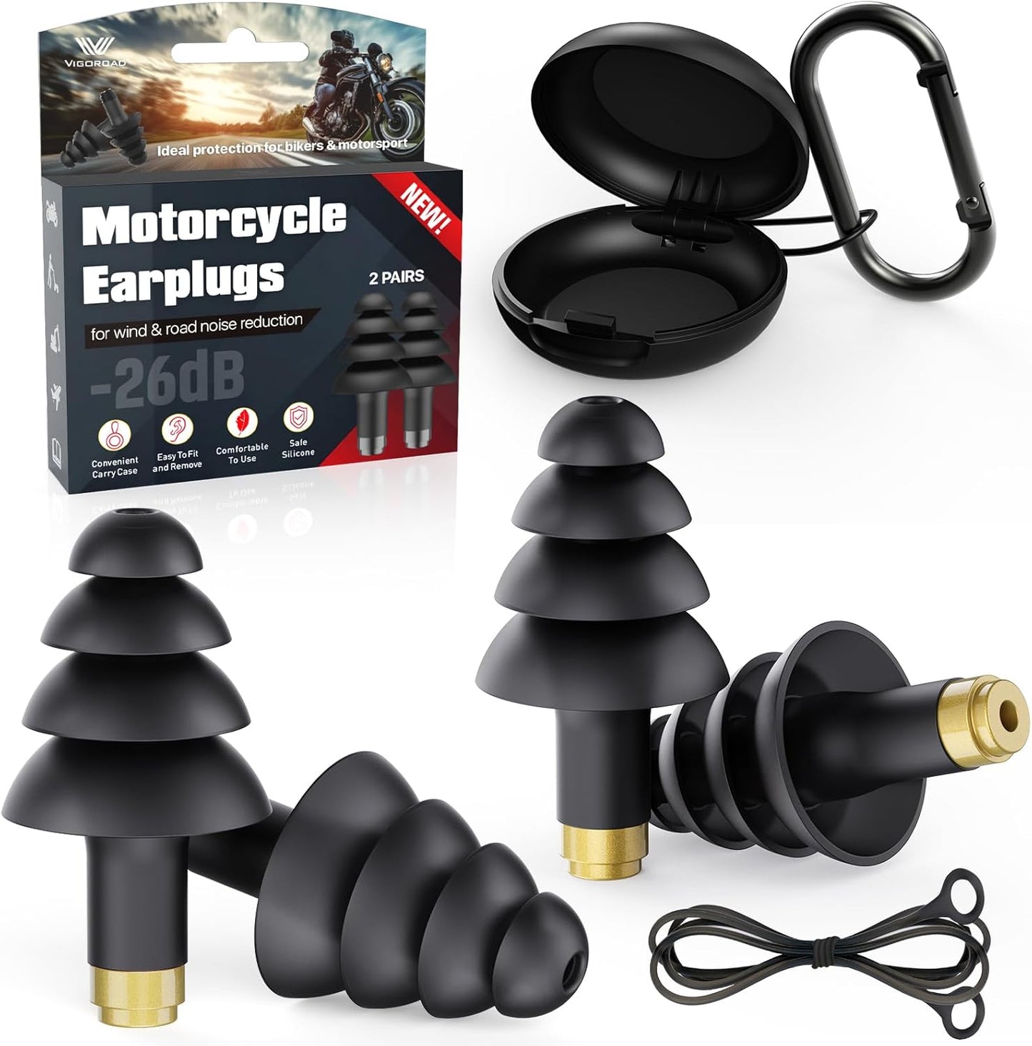 Motorcycle Ear Plugs, 2 Pairs Reusable Silicone, 26dB Wind Noise Reduction & Ear Protection Earplugs with Safety Cord & Travel Case, Comfort Fit for Motorbike, Highway Riding, Touring & Shooting