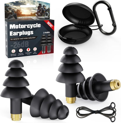 Motorcycle Ear Plugs, 2 Pairs Reusable Silicone, 26dB Wind Noise Reduction & Ear Protection Earplugs with Safety Cord & Travel Case, Comfort Fit for Motorbike, Highway Riding, Touring & Shooting