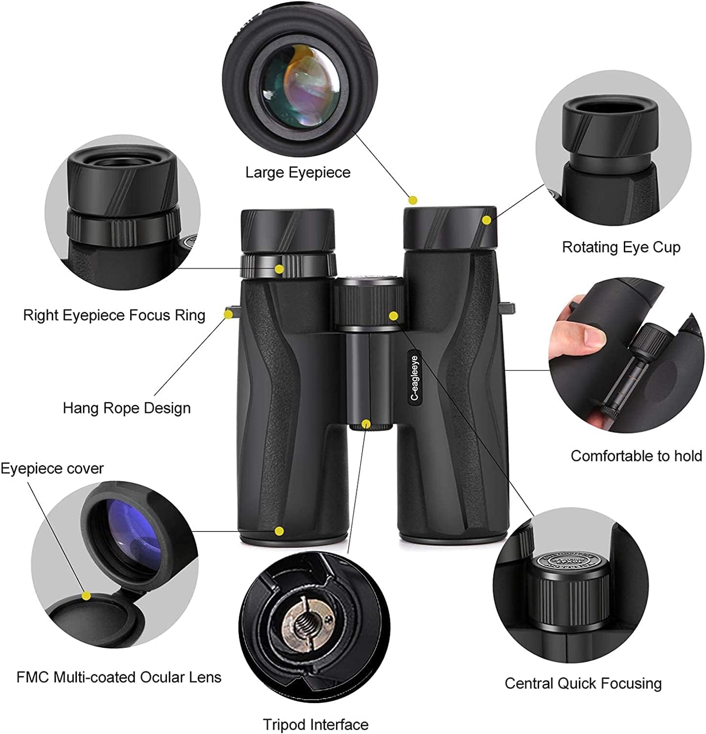 Ceagleeye10x42 Binoculars for Adults,Ipx7 Professional Waterproof and Anti-Fog with 23mm Large Eyepiece Bak4 Lens,Binoculars for Travel Bird Watching Hunting Sports Extra Bag,Strap,Phone Adapter,Black