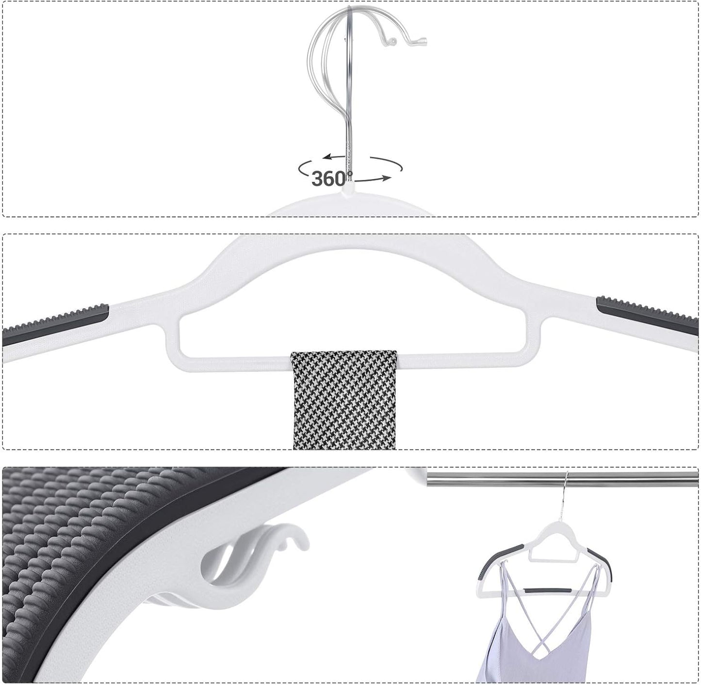 SONGMICS Pack of 30 Coat Hangers, Space-Saving Plastic Clothes Hangers, Non-Slip, 0.2 Inches Slim, 16.5 Inches Wide, 360° Swivel Silver Hook, White and Dark Gray UCRP20WG30