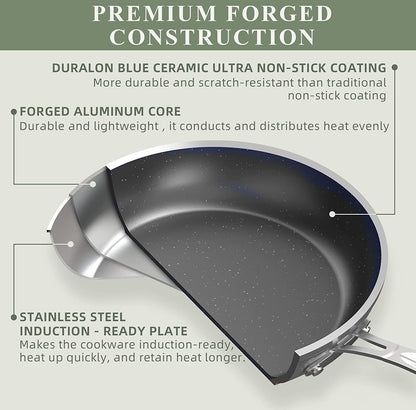 Nuwave 9pc Cookware Set Healthy Duralon Blue Ceramic Nonstick Coated, Diamond Infused Scratch-Resistant, PFAS Free, Oven Safe, Induction Ready & Evenly Heats, Tempered Glass Lids & Stay-Cool Handle