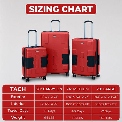 TACH V3.1 Hard Shell 3 Piece Luggage Set - 20, 24 & 28 inch Luggage | Carry On, Medium & Large Checked Suitcases | Patented Built-In Connecting System | Rolling Suitcase Links 9 Bags (Red)