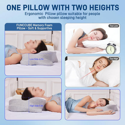 Cervical Neck Pillow for Neck Pain Relief - Ergonomic Memory Foam Pillow for Sleeping, Side, Back & Stomach Sleepers, Orthopedic Contour Pillow with Breathable Cover (Grey White)