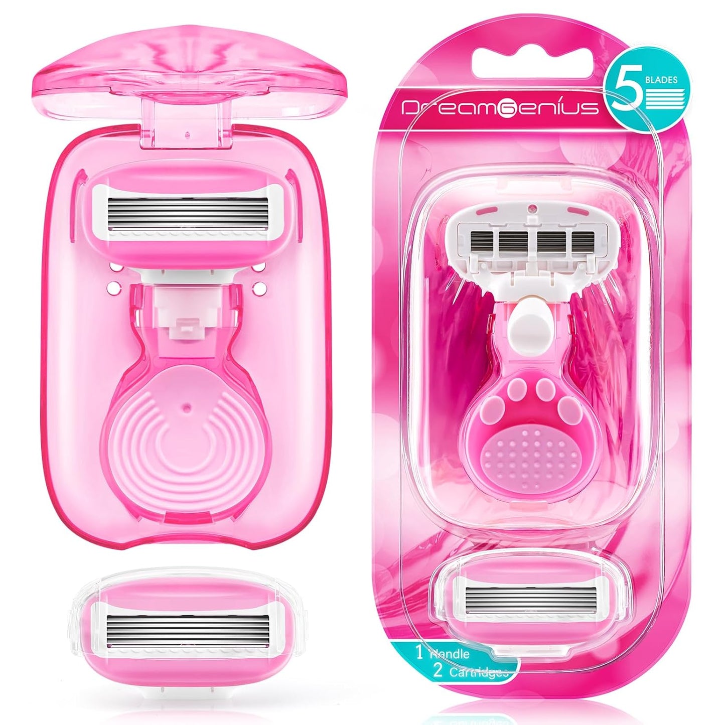 DreamGenius Travel Razors for Women, Travel Size Toiletries Include 1 Handle and 2 Cartridges, Extra Smooth 5-Blade Travel Essentials Razor with Case for Shaving, Pink