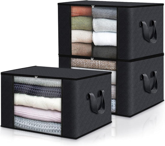 Fab totes 3 Pack Clothes Storage, Foldable Thick Fabric Blanket Storage Bags, Containers for Organizing Bedroom, Closet, Clothing, Comforter,Closet Organization with Handle,Black