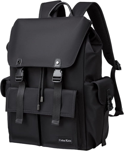 Black backpack for men, 16 inch laptop backpack with computer compartment, Drawstring slim waterproof tech backpack for travel, work, college or daily use, Large 30 L