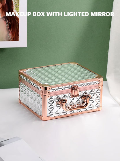 Qislee Makeup Box with A Detachable Lighted Mirror, Waterproof Travel Train Case, Cosmetic Organizer and Makeup Suitcase with Adjustable Dividers, Magnetic LED Mirror(Sparkling Silver)