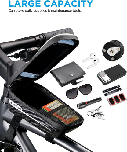 whale fall Hard Casing Bike Bag, Bike Accessories for Adult Bikes, Gifts for Men, Mens Gifts for Birthday,Bicycle Enthusiasts,Sturdy/Lighter/Waterproof, 4” - 6.9” Cellphone, Black-Reflective Strip