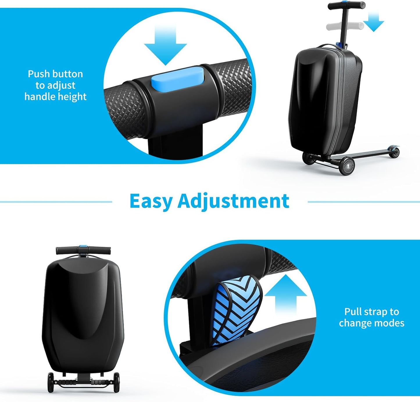 Scooter Hardshell Kids' Luggage, Foldable Carry on Kids Suitcase with Telescopic Handle for Travel, Multifunctional Ride On Lightweight Luggage with Wheels, Light Black