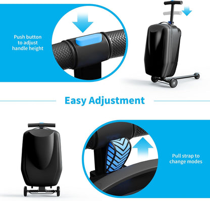 Scooter Hardshell Kids' Luggage, Foldable Carry on Kids Suitcase with Telescopic Handle for Travel, Multifunctional Ride On Lightweight Luggage with Wheels, Light Black