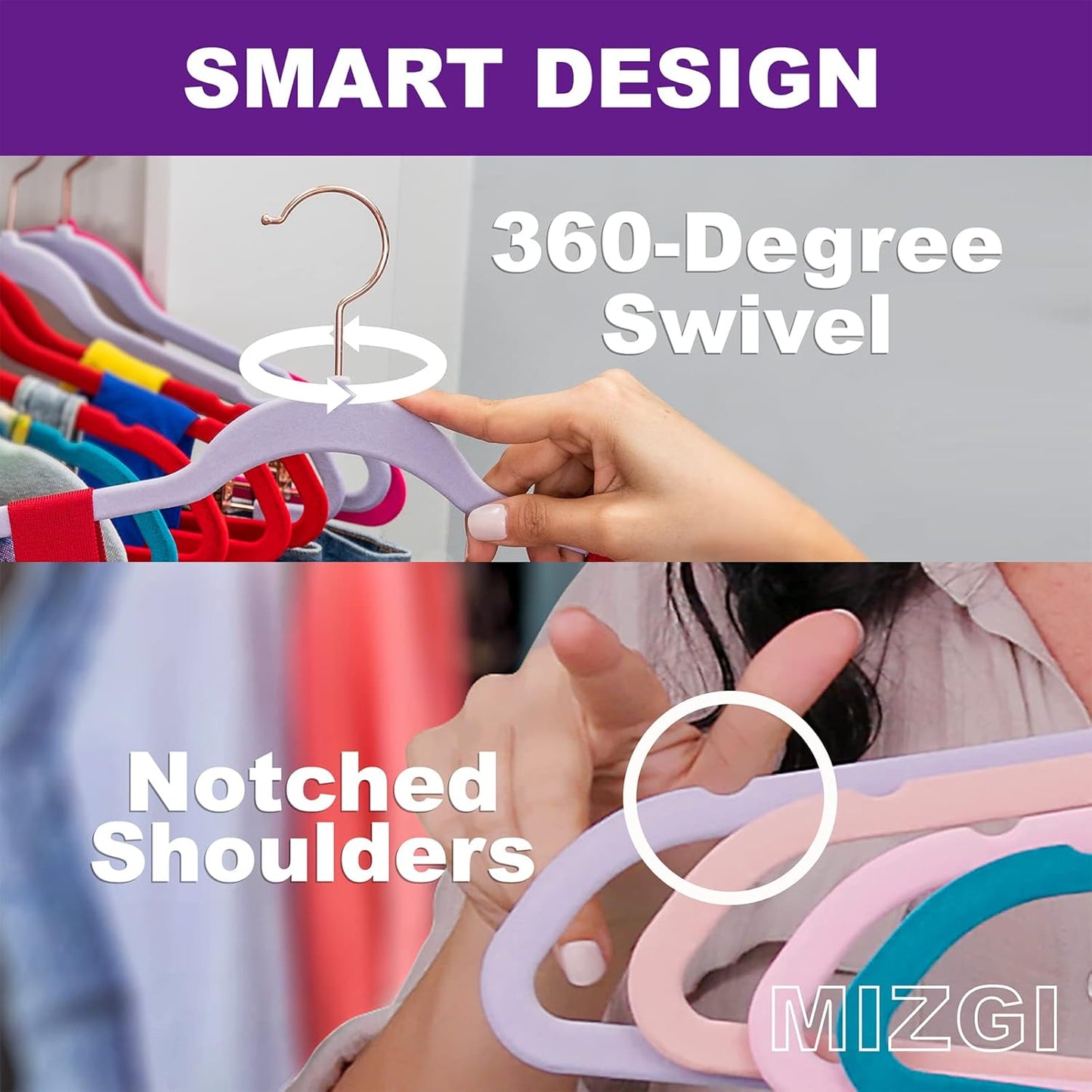 MIZGI Premium Velvet Hangers (50 Pack) Heavy Duty - Non Slip Felt Hangers - Blush Pink - Rose Gold 360 Degree Swivel Hooks,Space Saving Clothes Hanger,Durable Strong Hanger for Suits,Coats,Dress