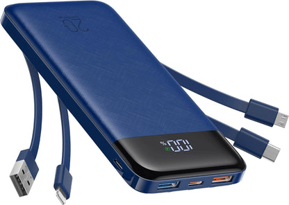 charmast 20000mAh Portable Charger with Built in Cables, 22.5W Travel Power Bank Fast Charging, USB C Cell Phone Battery Pack for iPhone 16/15/14/13/12/11 Series, iPad, Samsung, Android, Tablet