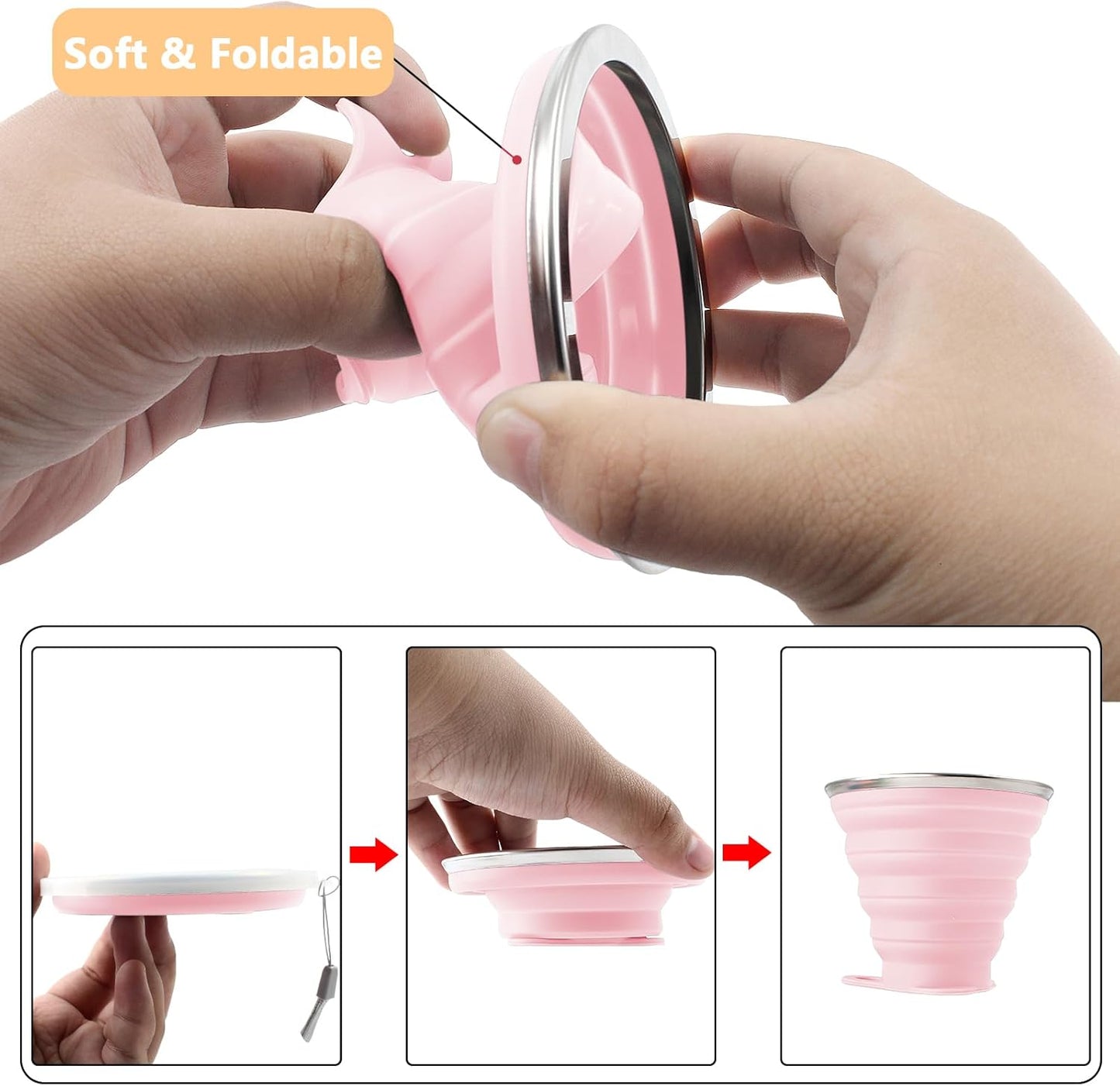 Litoexpe 2 Pack Silicone Collapsible Travel Cup Portable Folding Camping Cup Sets with Lids, Pink & Green, Capacity 9.22oz (270ml)