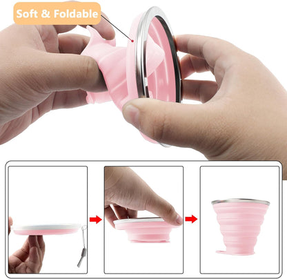 Litoexpe 2 Pack Silicone Collapsible Travel Cup Portable Folding Camping Cup Sets with Lids, Pink & Green, Capacity 9.22oz (270ml)