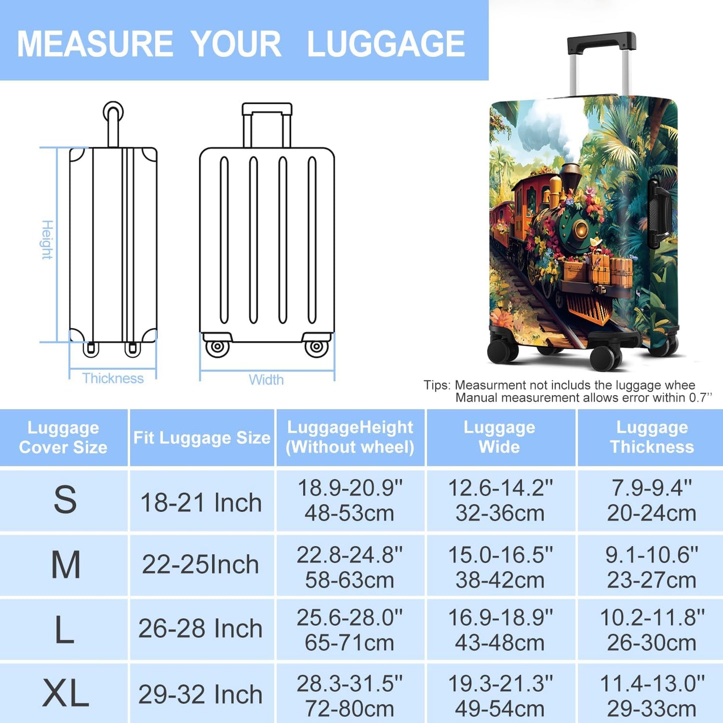 Train Luggage Cover Washable Suitcase Protector Anti-Scratch,Stretchable Fit for 20-34Inch Luggage Durable Travel Bag Cover with Zipper Closure (M(24-26inch suitcase))