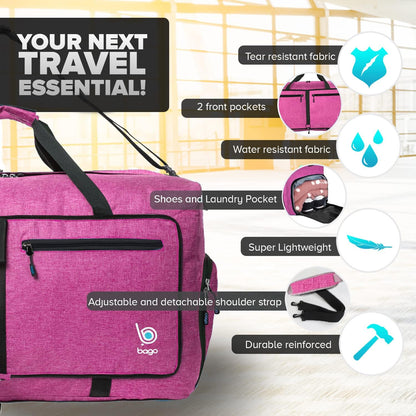 Bago Large Foldable Duffel Bags for Traveling Women & Men - 80L Packable Duffle Bag for Travel with Shoe Compartment - Water Repellant, Heavy Duty, Lightweight Folding & Collapsible (SnowPink)
