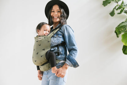 Baby Tula Lite Ripstop Nylon Compact Baby Carrier, Lightweight & Ergonomic Carrier for Travel w/Convenient Storage Hip Pouch, Multiple Carrying Positions for 12lbs to 30lbs - Soar (Olive Green/Birds)
